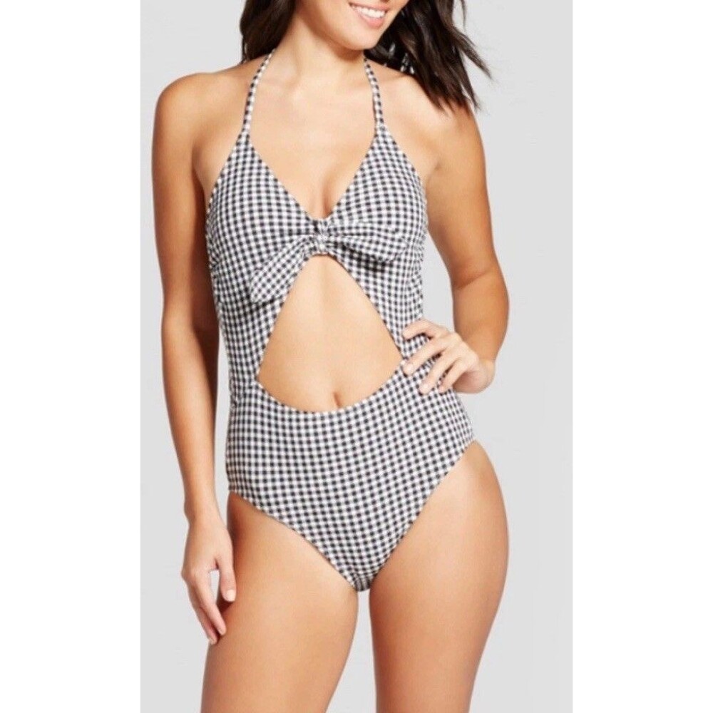 NWT Xhilaration Black & White Gingham Cutout One-Piece Swimsuit Women’s Size S